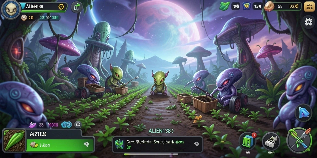 Screenshot gameplay ALIEN138 menampilkan aktivitas bertani yang menyenangkan.