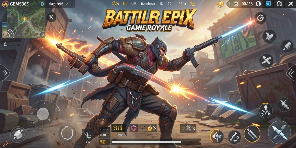 Tangkapan layar gameplay GEMS365 yang menunjukkan pertarungan seru di medan perang Battle Royale.