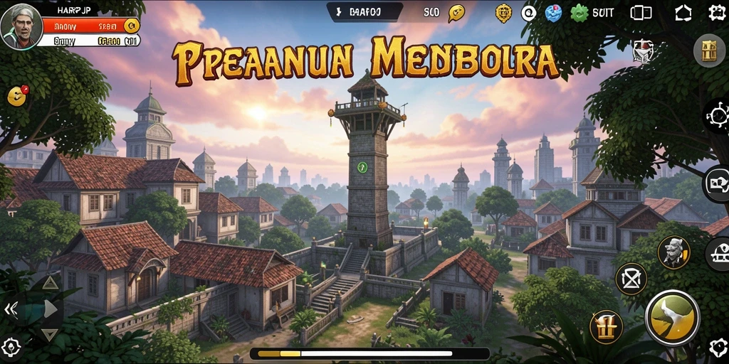 Gameplay mendebarkan dari HARAPJP yang menunjukkan menara bertempur melawan gelombang musuh.