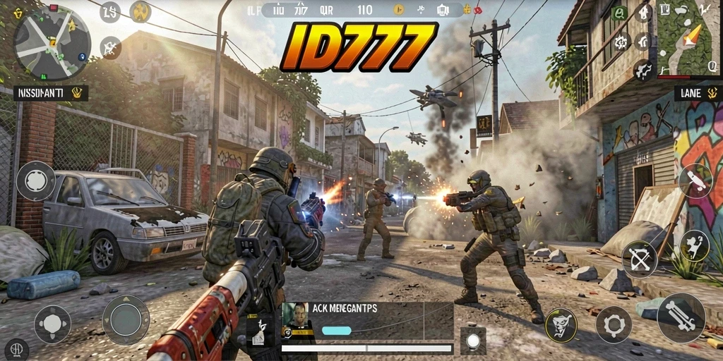 Tampilan gameplay ID777 yang penuh aksi dan strategis dalam pertempuran TPS.