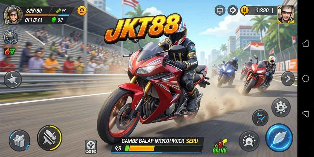 Tampilan gameplay seru JKT88 dengan aksi balapan motor.