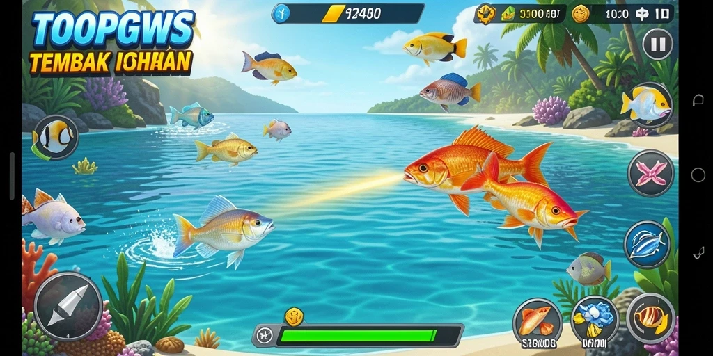 Screenshot utama TOOPGWS menampilkan aksi menembak ikan yang seru.